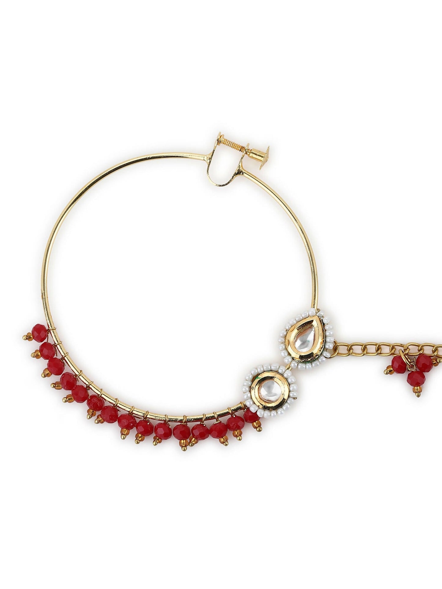Gold-Polished White Red Kundan-Studded Pearl Beaded Nosepin - Ruby Raang | Swadesiicart