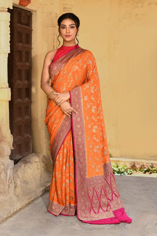 Joban Fashion Orange Crepe Chiffon Pure Handloom Banarasi Silk Saree | Swadesiicart