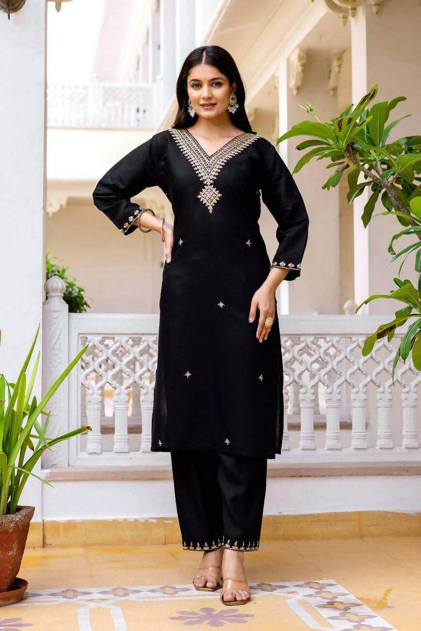 The52 Black Women's Beautiful Viscose Chanderi Fabric Embroidered Work Straight Kurta Pant and Dupatta Set - Swadesiicart