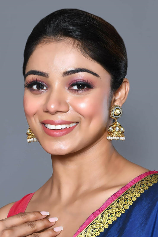 Joban Fashion Women Kundan Pearl Golden White Grey Earrings - Swadesiicart