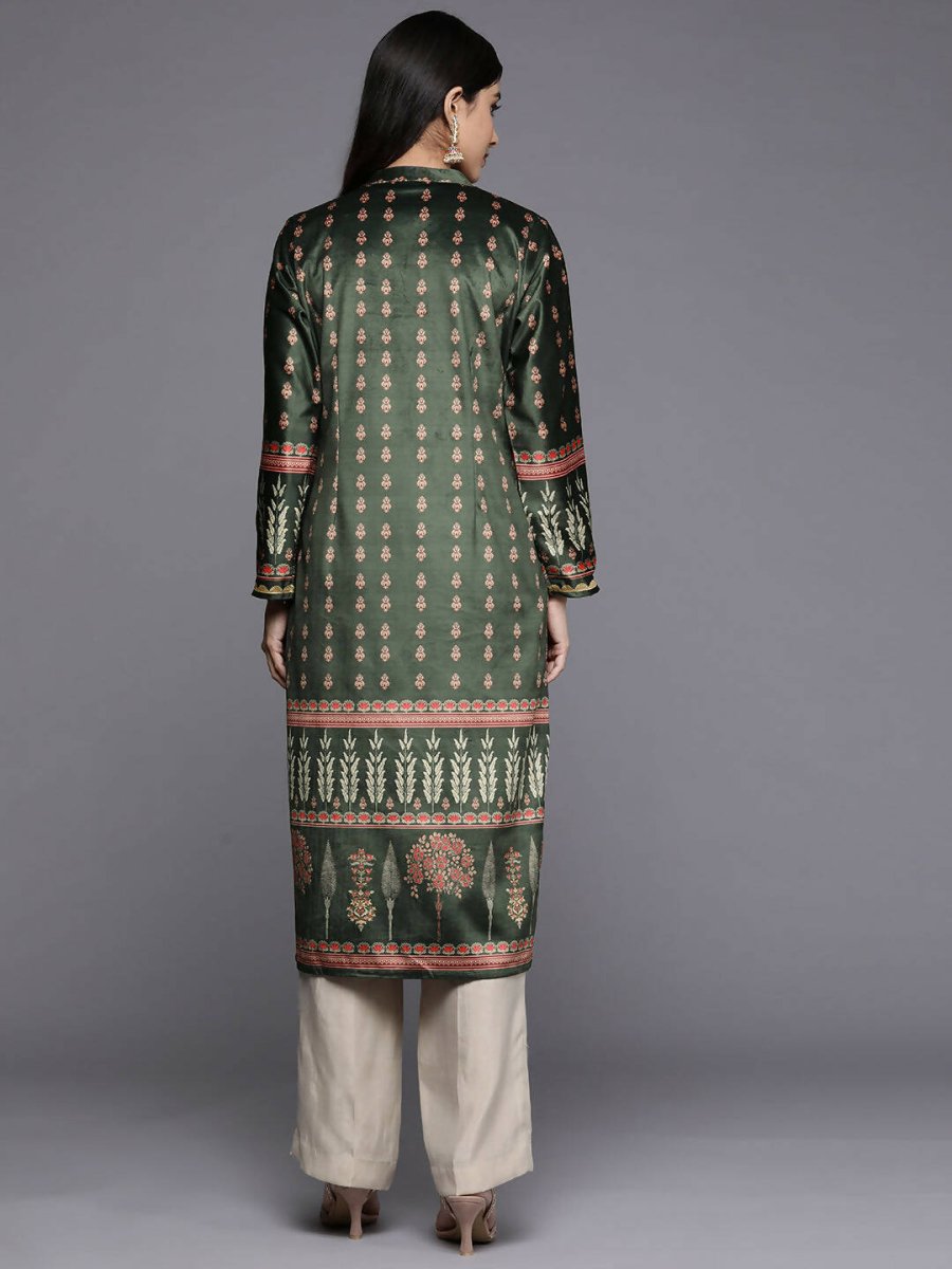 Ahalyaa Women Green & Pink Ethnic Motifs Printed Gotta Patti Velvet Kurta | Swadesiicart