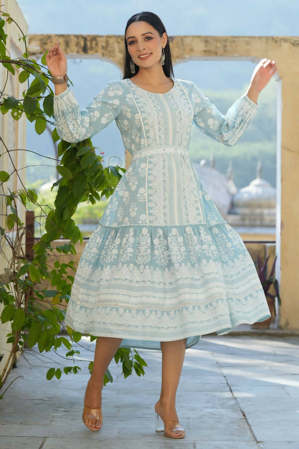 Juniper Women's Sky Blue Printed Flared Dress | Swadesiicart