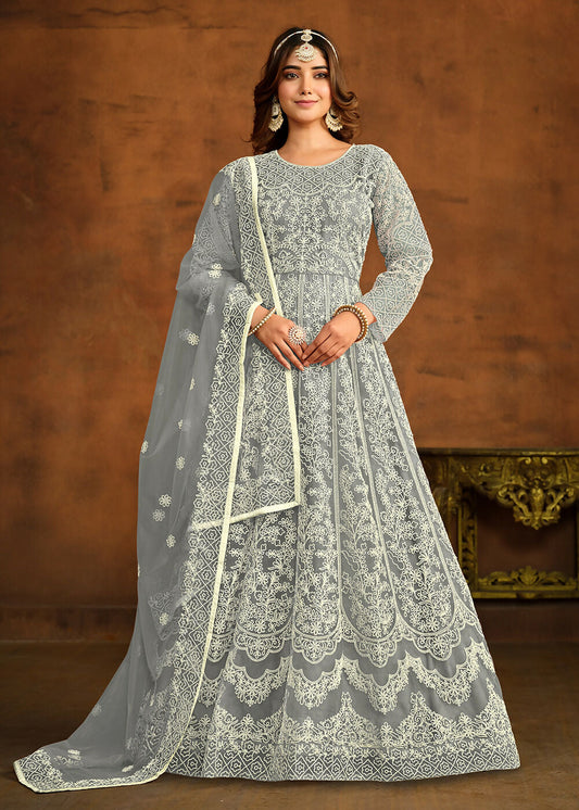 Grey All Over Embroidered Net Wedding Anarkali Suit - Emponline | Swadesiicart
