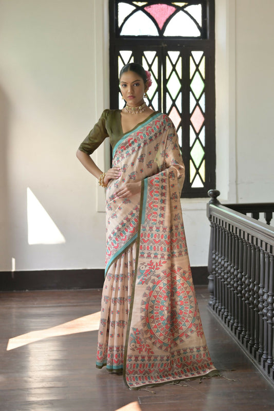 Vishnu Weaves Women's Mahendi Soft Tussar Silk Saree with Blouse - Swadesiicart