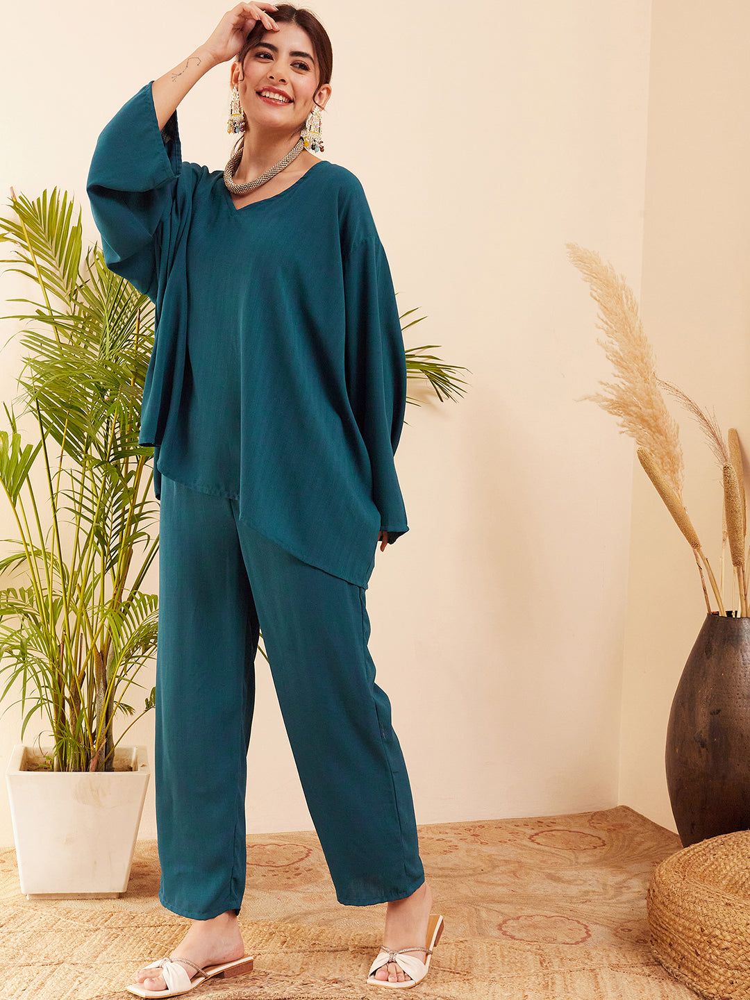 InWeave Women's Dark Ocean Full Sleeve Boho Top Bottom Set - Swadesiicart