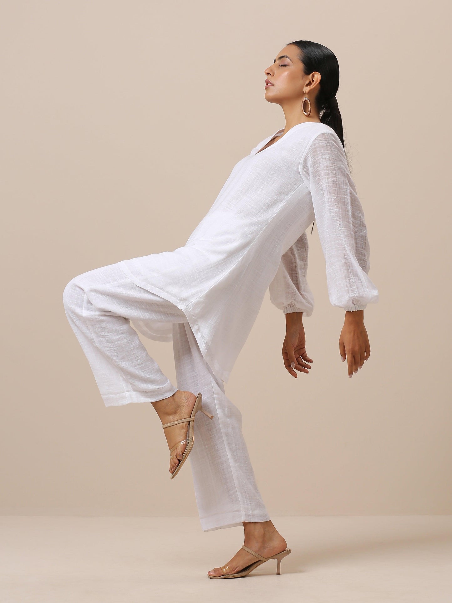 trueBrowns Gauze White Short Co-Ord Set - Swadesiicart