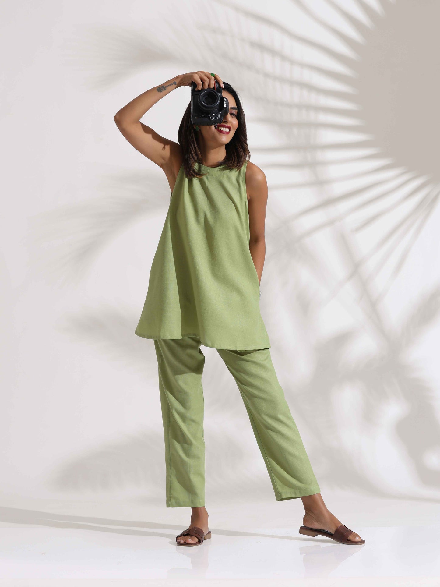 trueBrowns Green Slub Co-ord Set - Swadesiicart