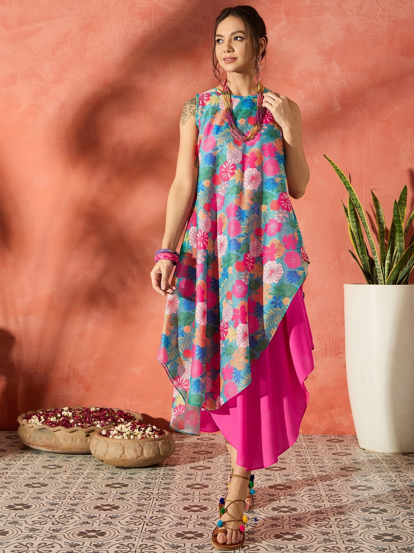 InWeave Blue Floral Fuchsia Asymmetrical Dress - Swadesiicart
