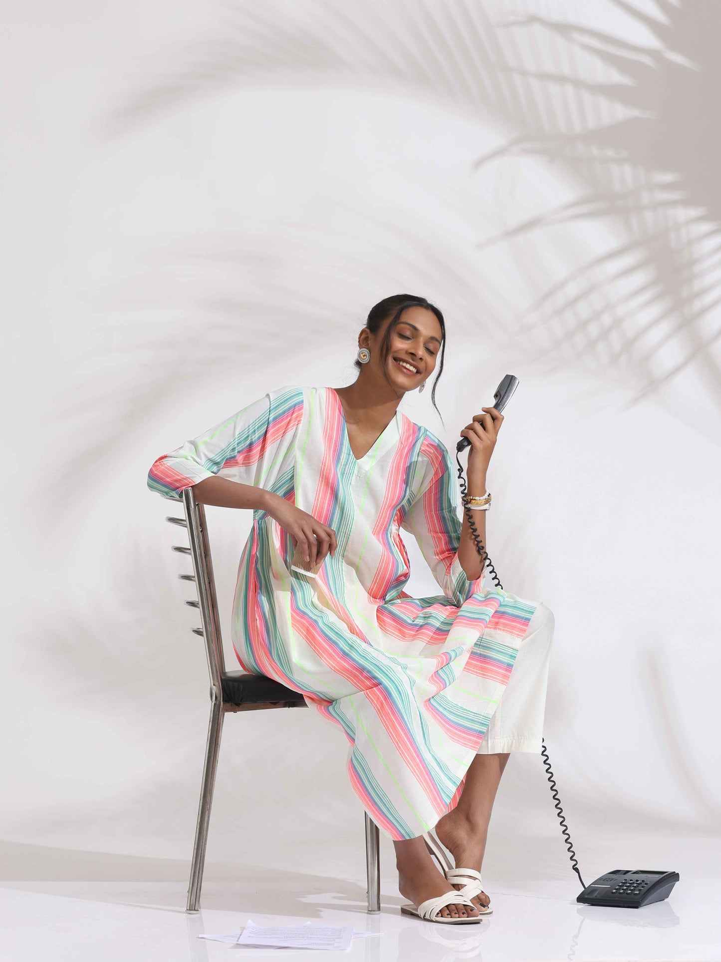 trueBrowns Off-White Cotton Multi Stripe Flared Kurta Set | Swadesiicart