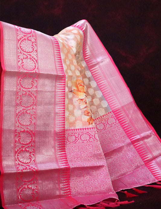 Pastel Wheat Banaras Border Buttes Floral Design Banarasi Semi Silk Saree By Gayathri Reddy Designer Studio | Swadesiicart
