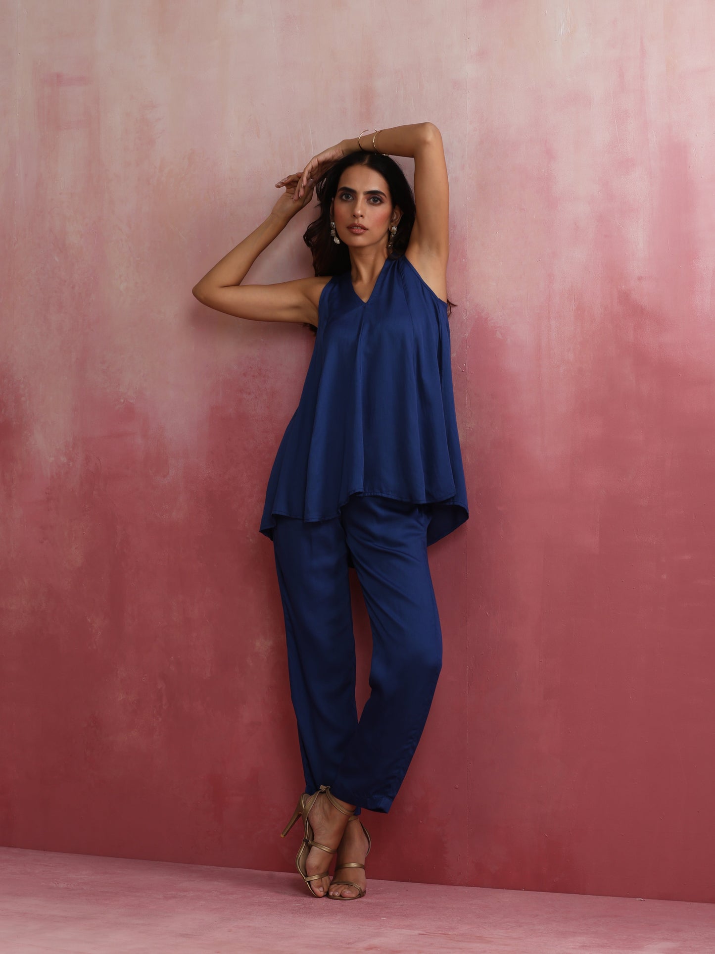 trueBrowns Blue Modal Flared Kurta Co-ord Set - Swadesiicart