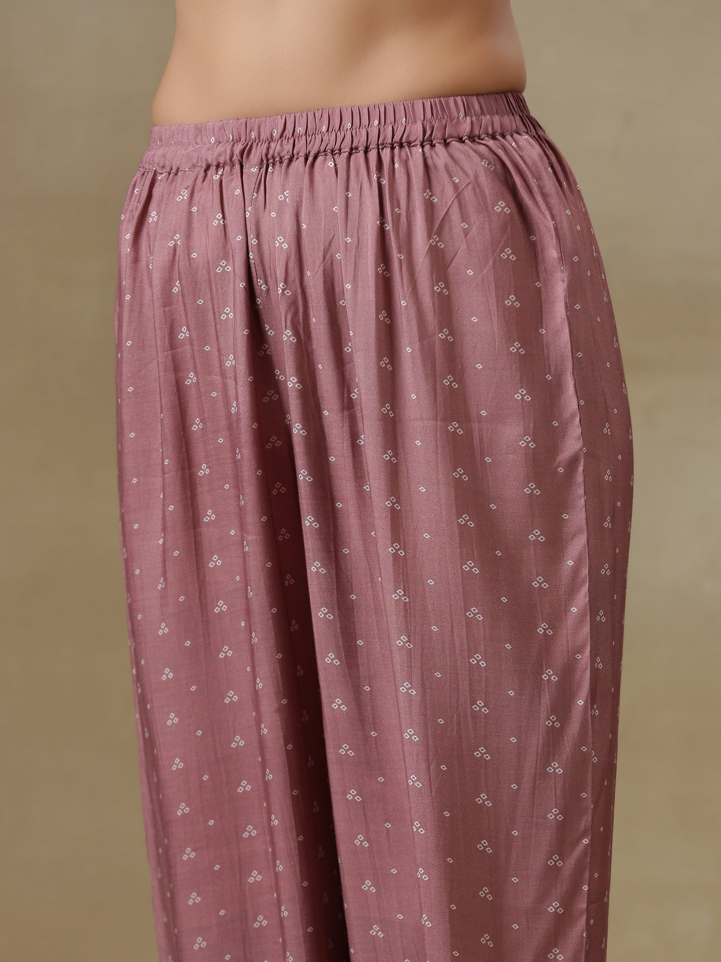 trueBrowns Dark Mauve Bandhani Printed Silk Front Slit Kurta Pant Set | Swadesiicart