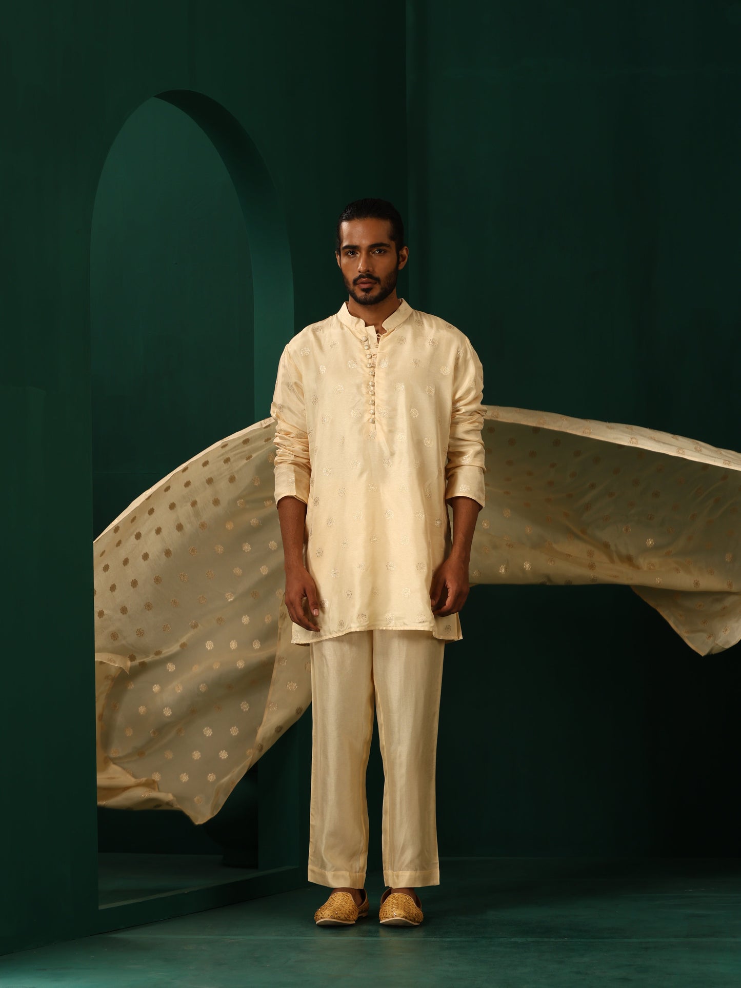 trueBrowns Men's Ivory Geometric Floral Viscose Silk Co-ord Set - Swadesiicart