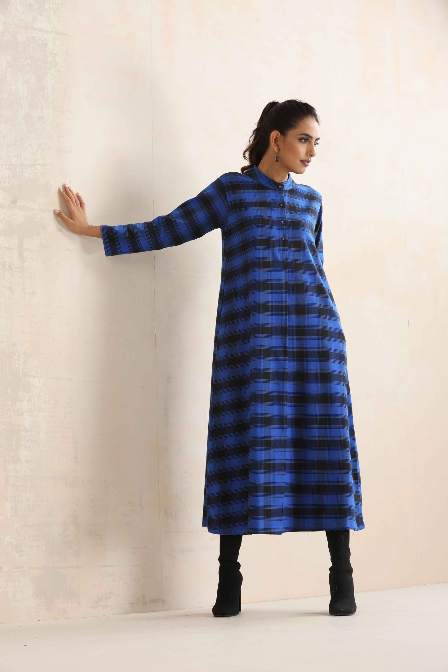 trueBrowns Blue Check Flared Winter Dress | Swadesiicart