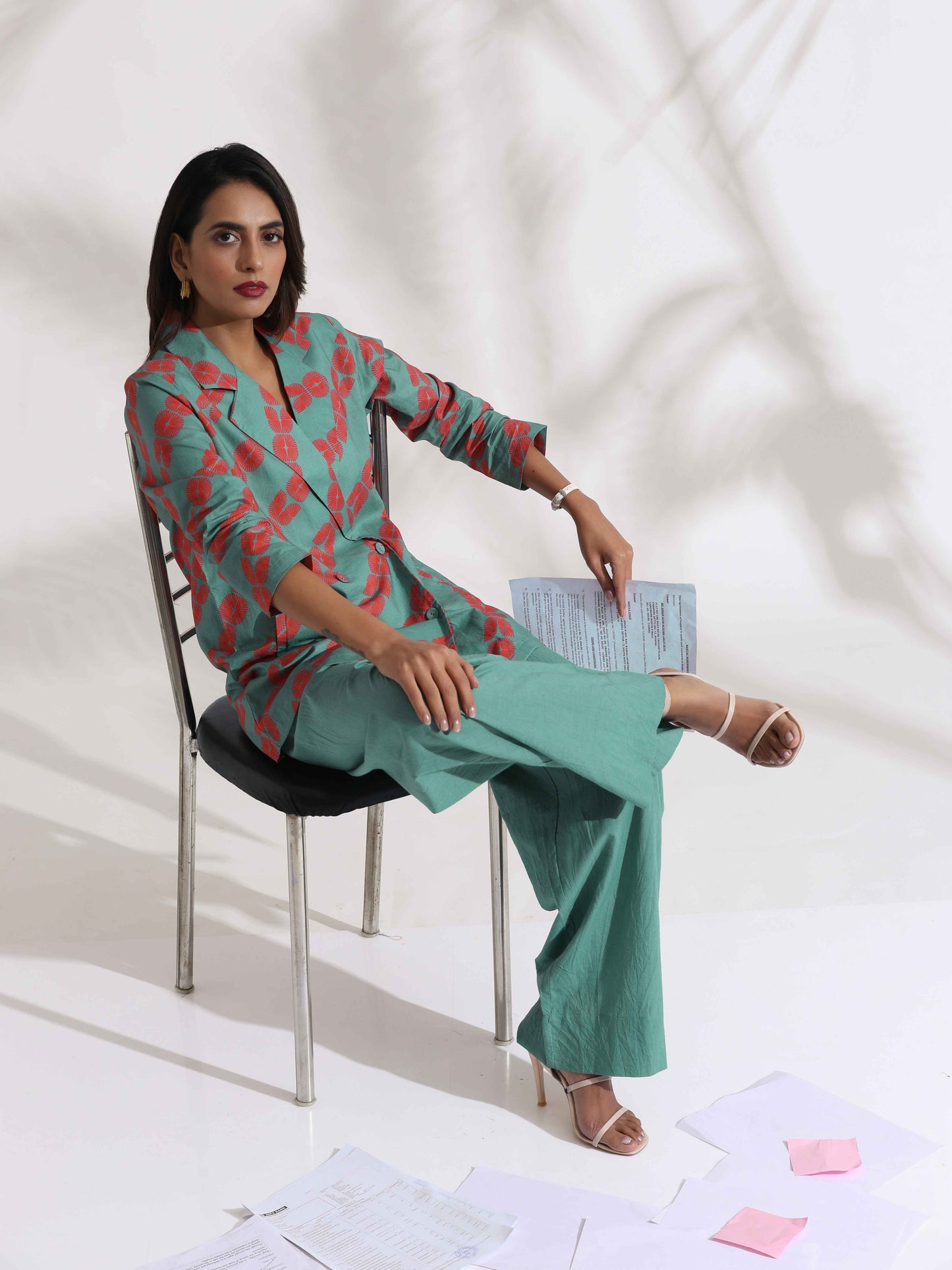 trueBrowns Green Cotton Print Jacket Top Co-ord Set - Swadesiicart
