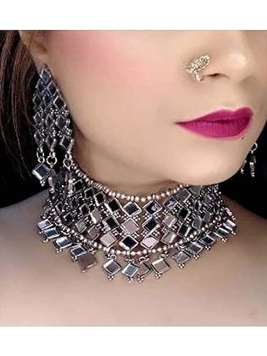 Tehzeeb Creations Women's Silver Colour Oxidised Necklace And Earring With Mirror Work - Swadesiicart