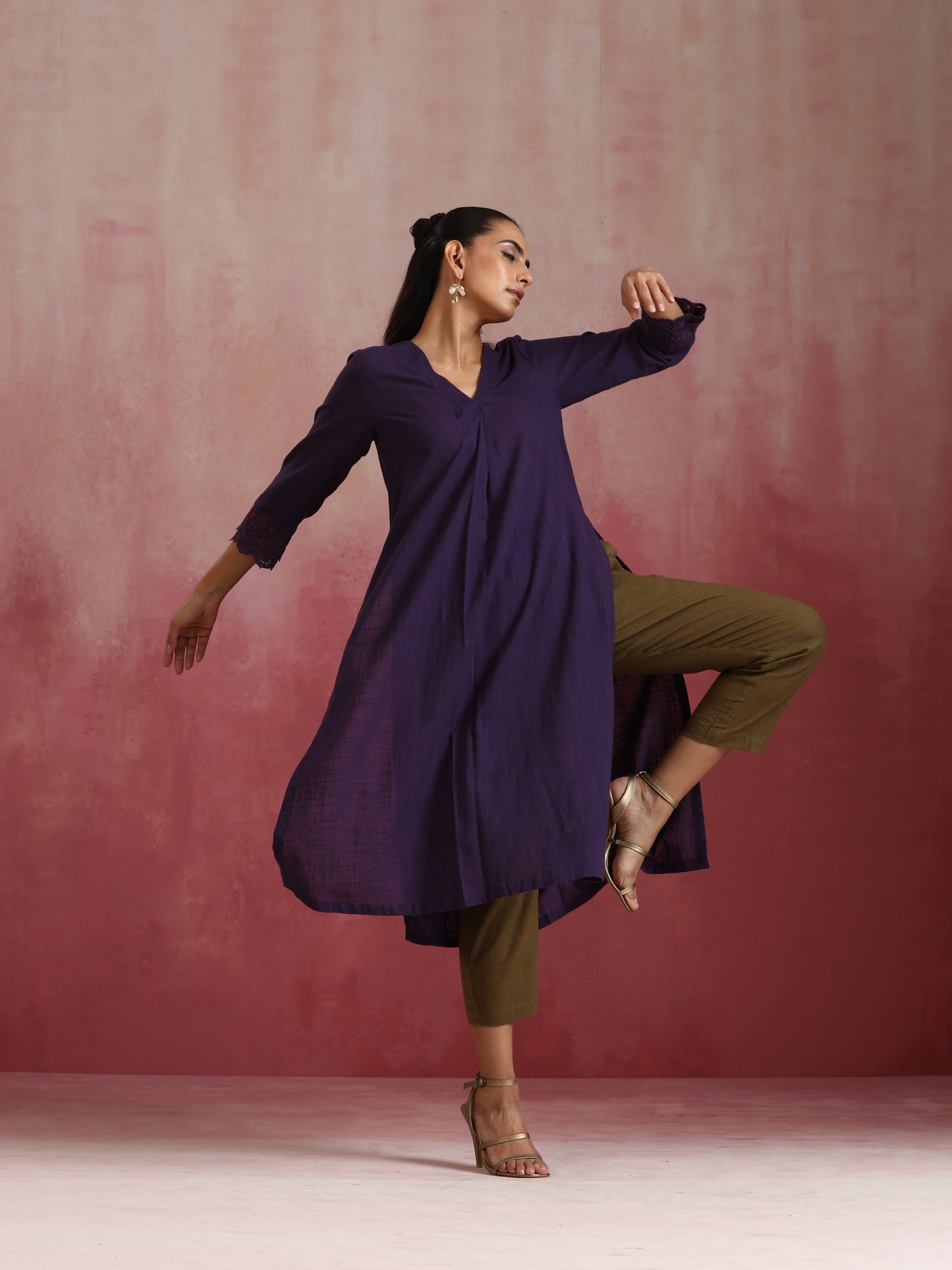 trueBrowns Purple Cotton Dobby Kurta Set | Swadesiicart