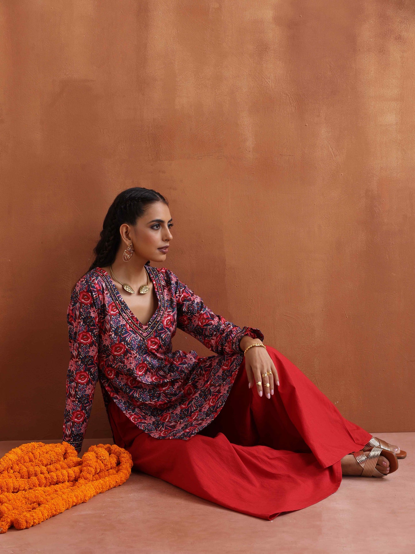 trueBrowns Pink Print Sharara Set | Swadesiicart