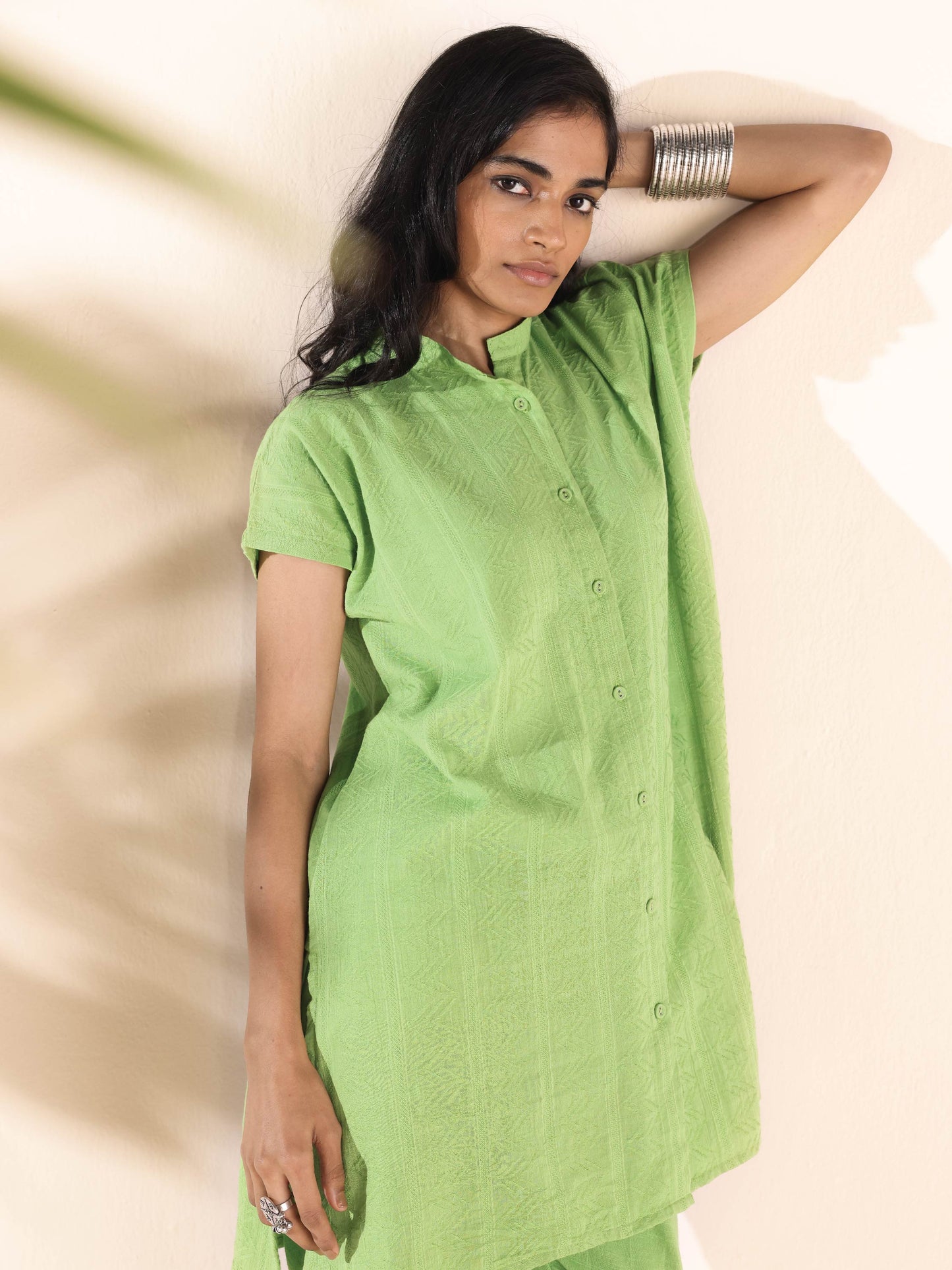 trueBrowns Green Cotton Dobby Shirt Co-ord Set - Swadesiicart