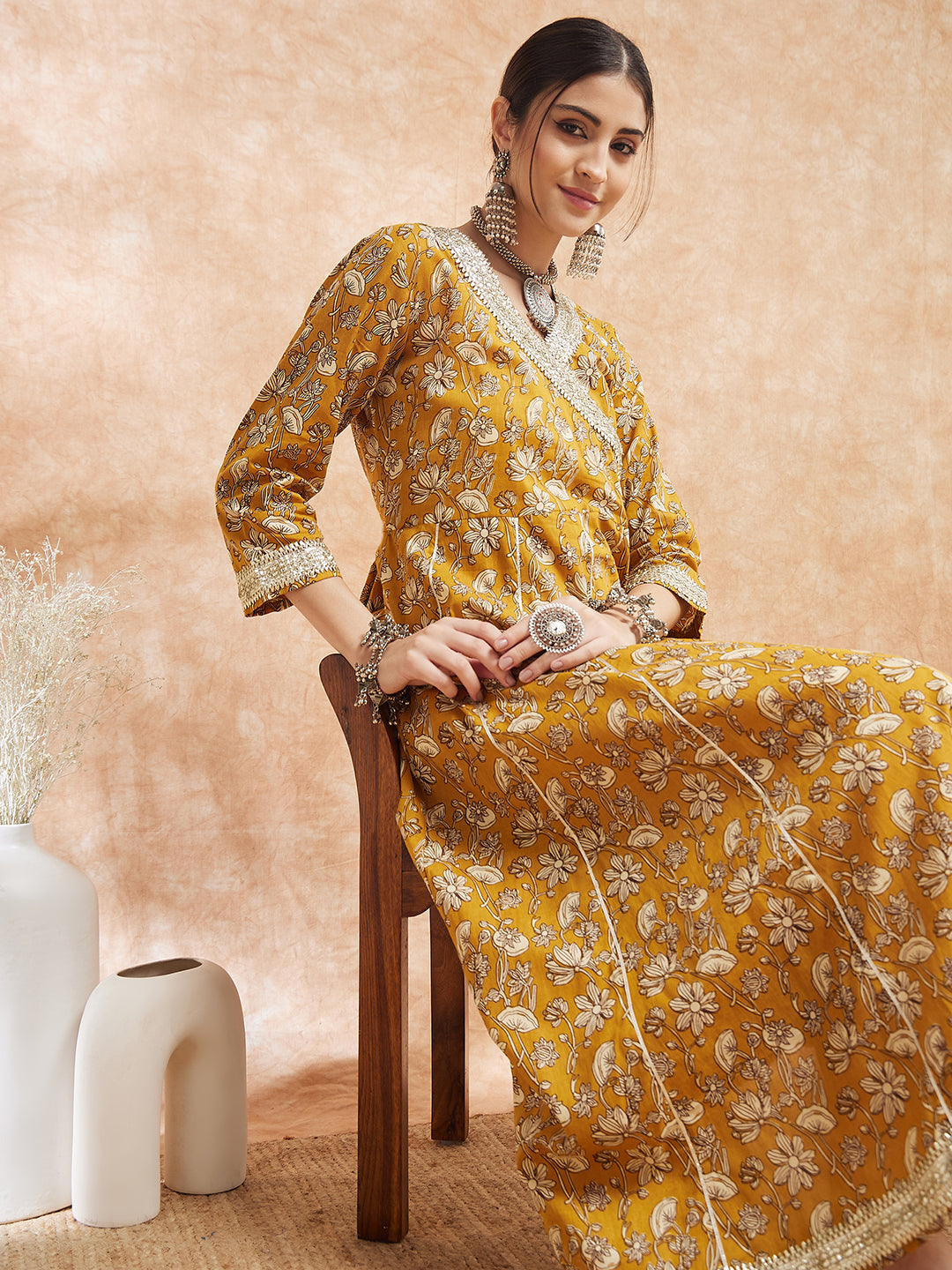 InWeave Women's Mustard Printed Gota Embroidered Anarkali Kurta - Swadesiicart