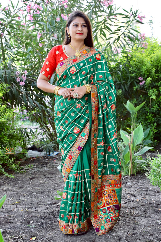 Lorenvalley Fashion Premium Green Dola Silk Embroidery and Diamond work with Jacquard Lace Border Saree - Swadesiicart