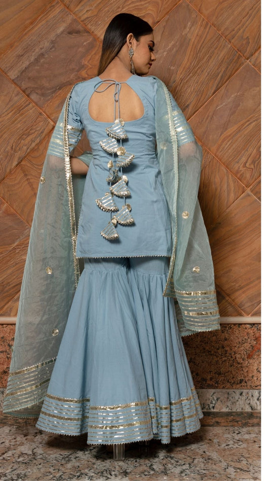 Pomcha Jaipur Powder Blue Pure Cotton Sharara Set | Swadesiicart