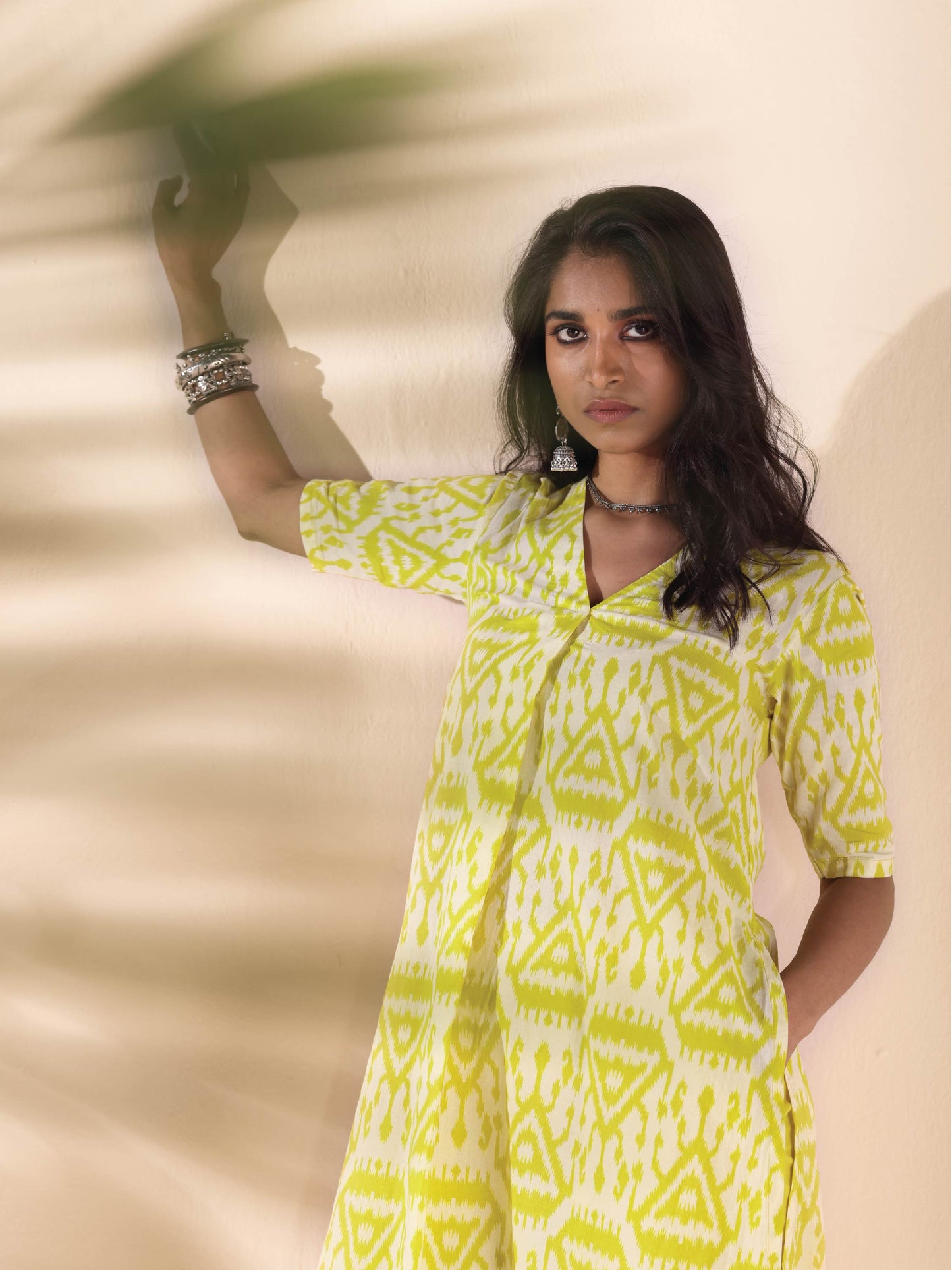 trueBrowns Lime Cotton Ikat Kurta Pant Set | Swadesiicart