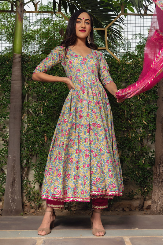 Pomcha Jaipur Jaipuri Hand Block Cotton Anarkali Set | Swadesiicart