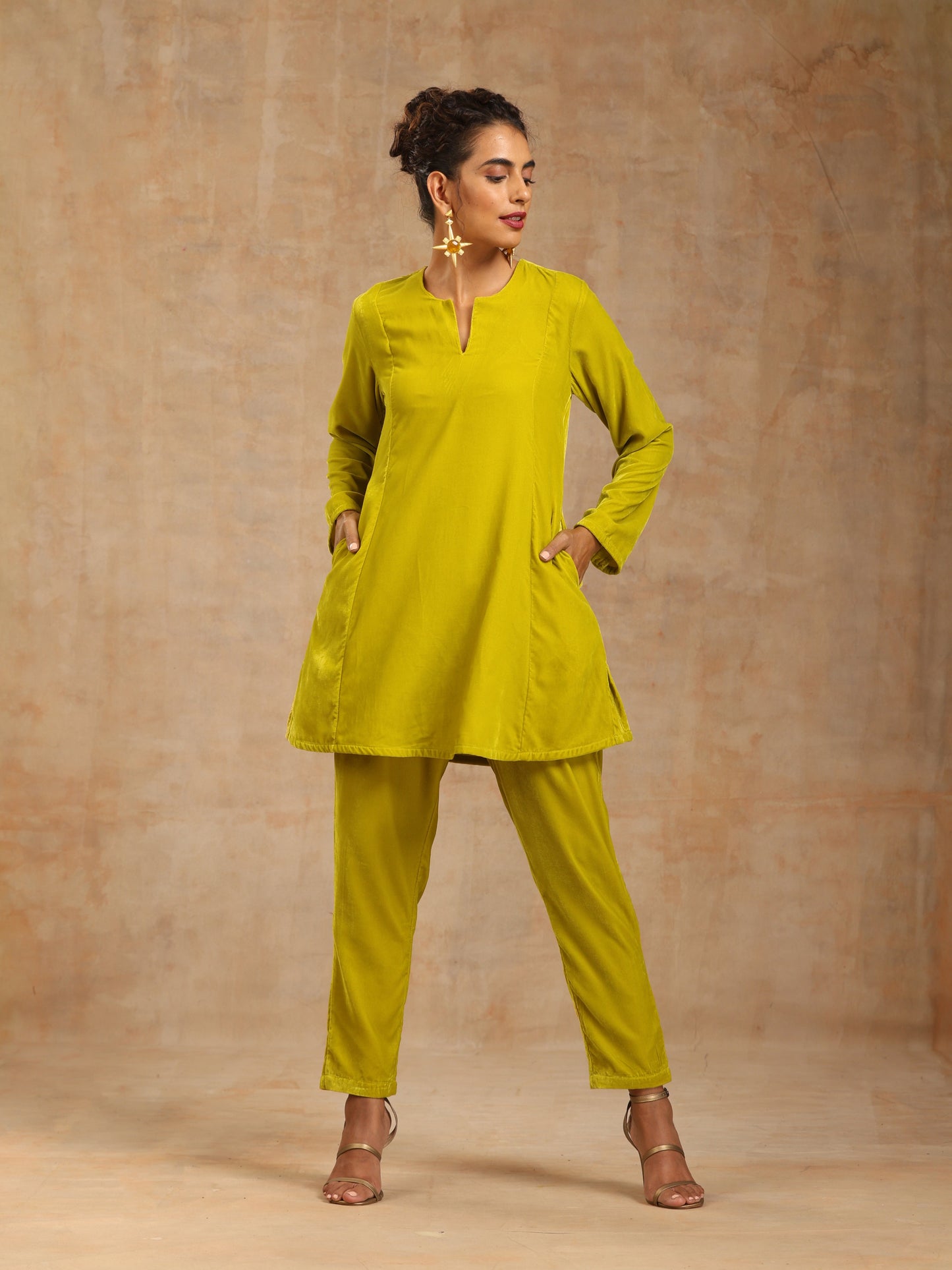 trueBrowns Lime Velvet Solid Co-ord Set - Swadesiicart