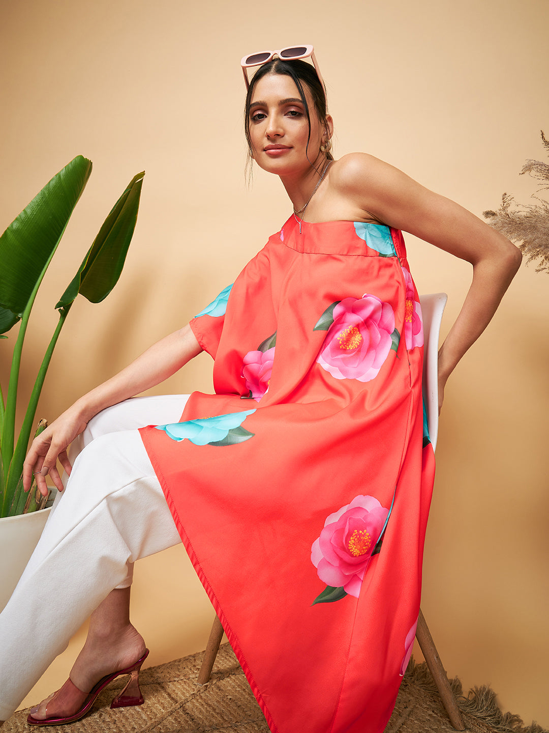 InWeave Women's Dark Orange Pink Blue Flower One Shoulder Kurta - Swadesiicart