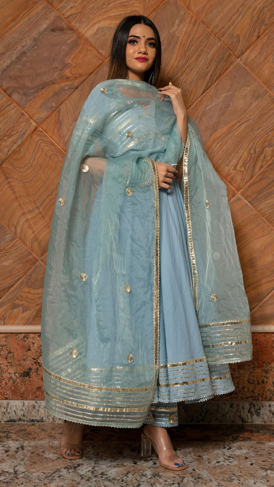 Pomcha Jaipur Powder Blue Pure Cotton Anarkali Set | Swadesiicart