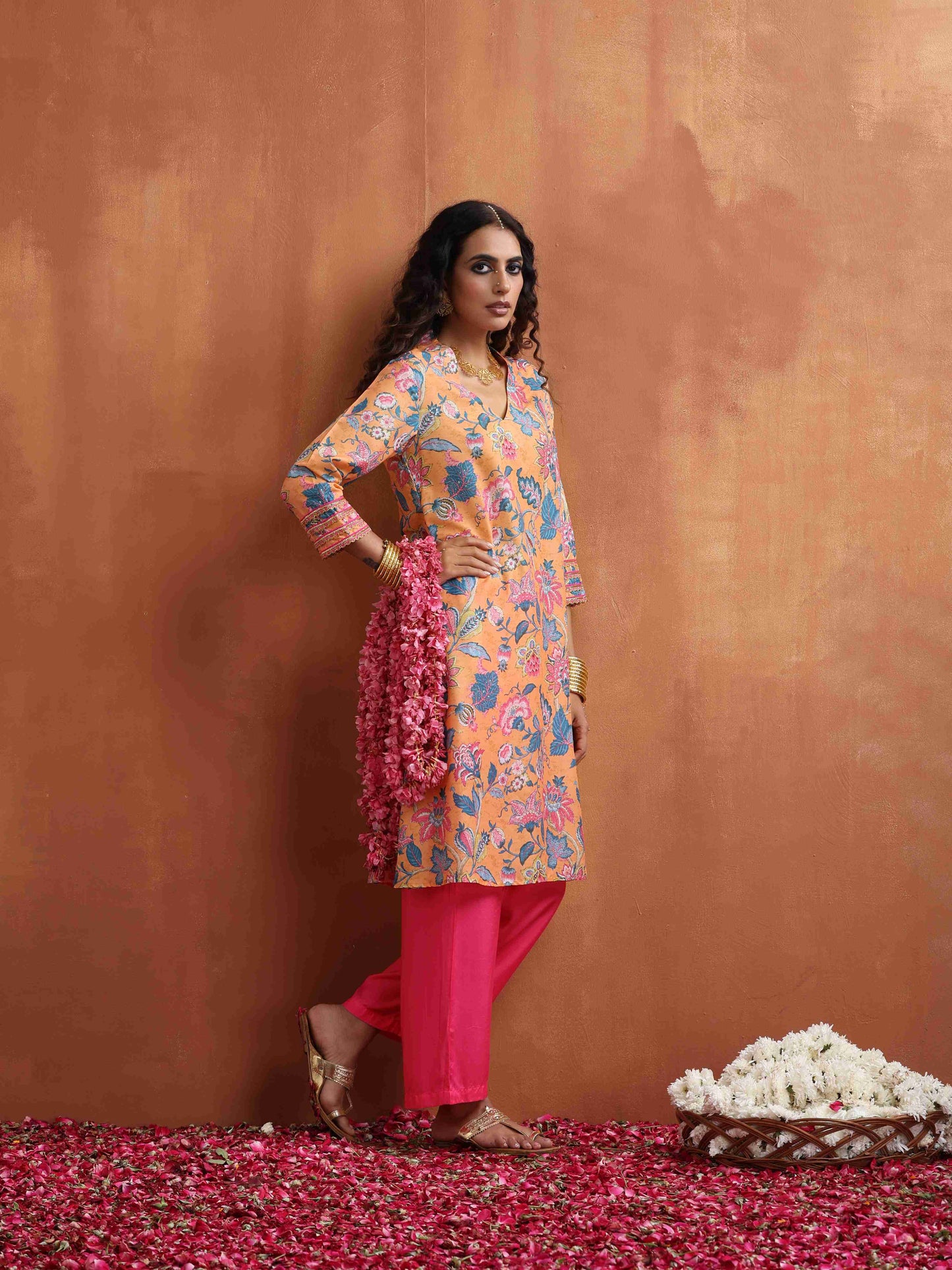 trueBrowns Orange Print Kurta Co-ord Set - Swadesiicart