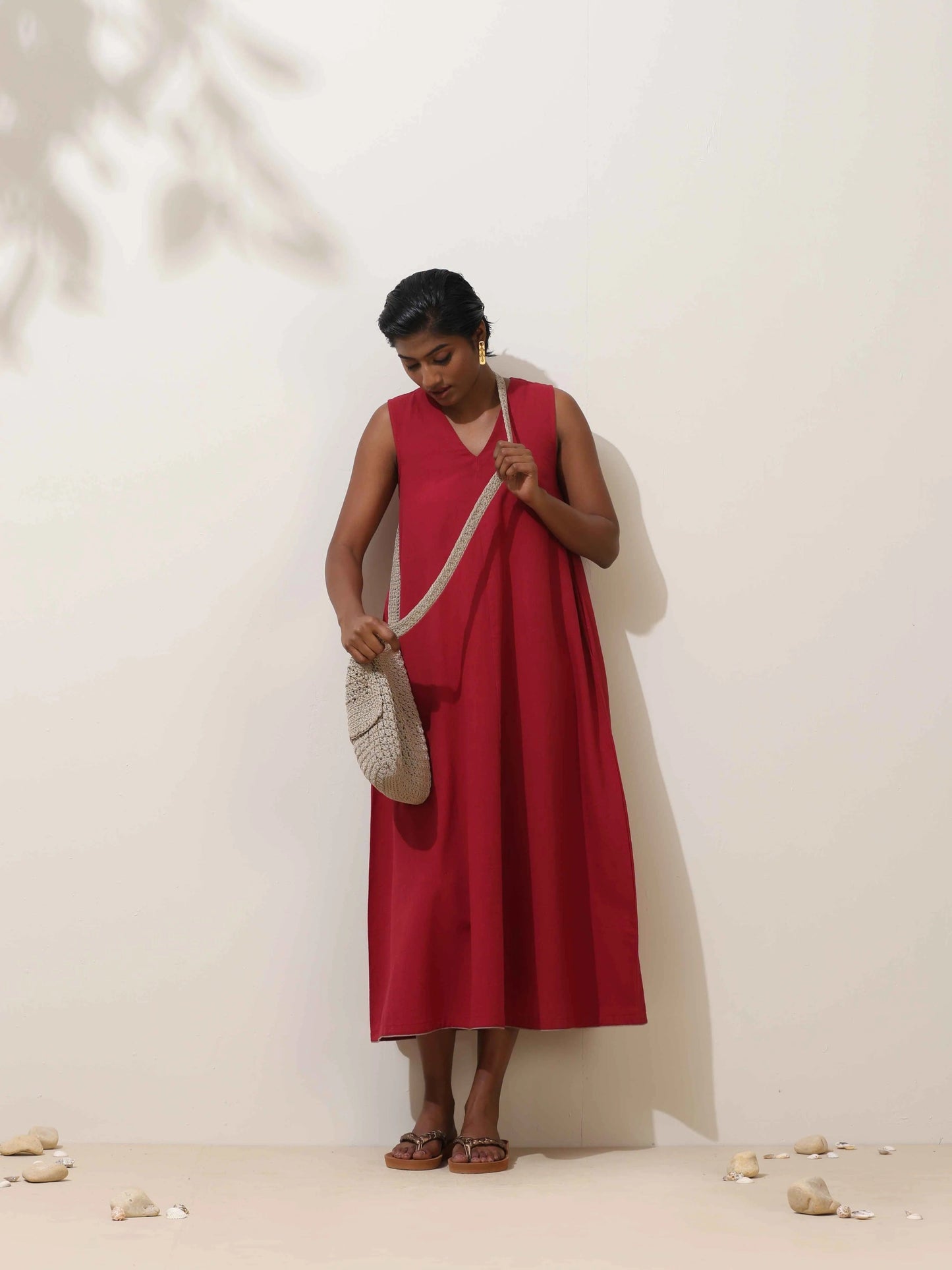 trueBrowns Maroon Cotton Linen Dress | Swadesiicart