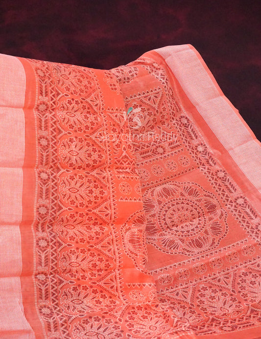 Peachish Orange Block Printed Semi Chanderi Saree By Gayathri Reddy Designer Studio | Swadesiicart