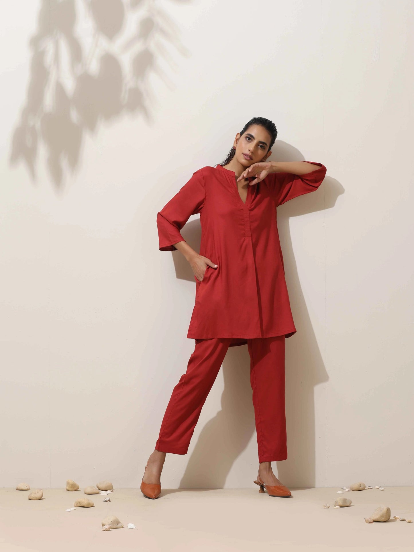 trueBrowns Maroon Viscose Solid Co-ord Set - Swadesiicart