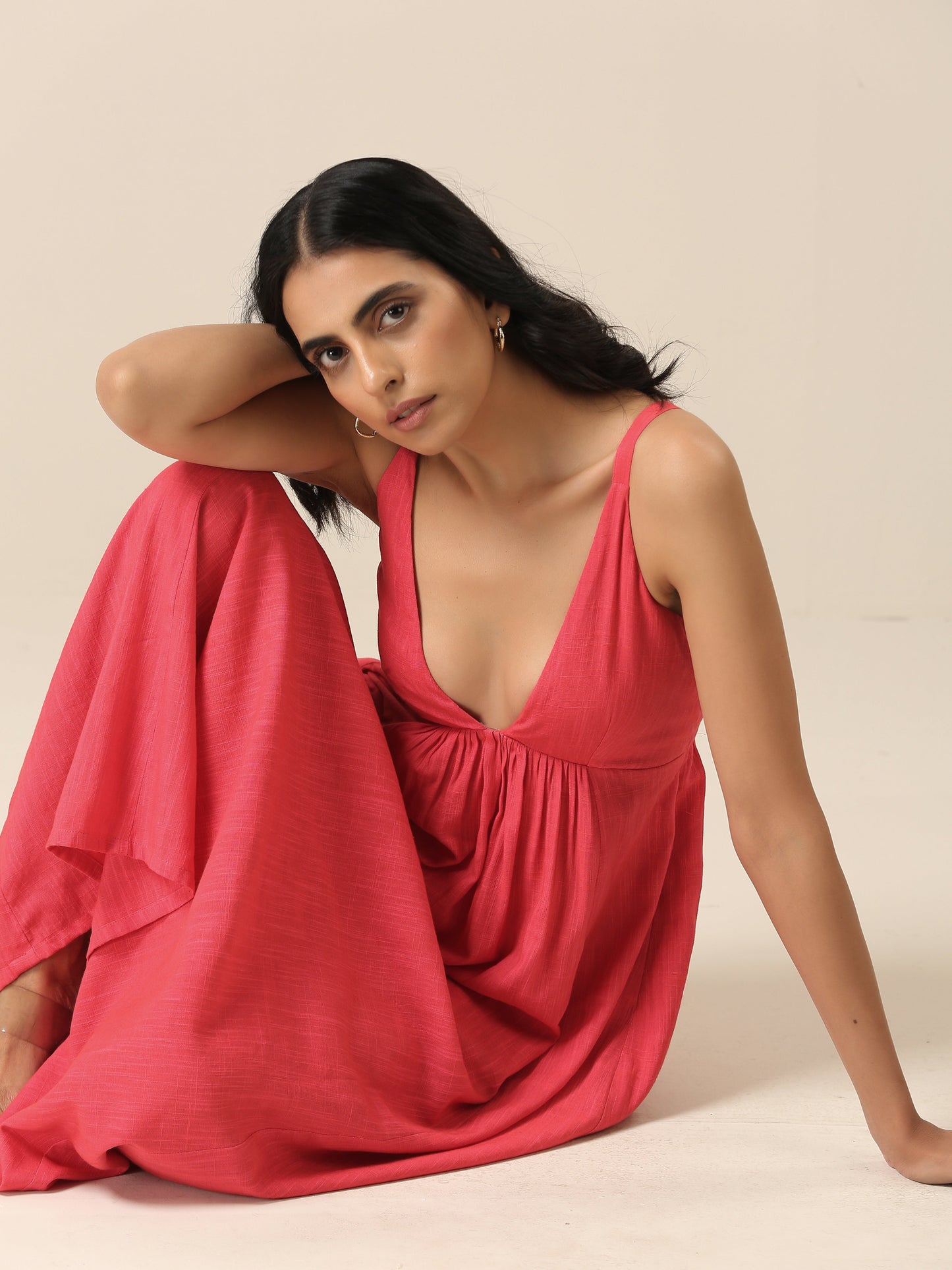 trueBrowns Bright Pink Slub Texture Sleeveless Dress | Swadesiicart