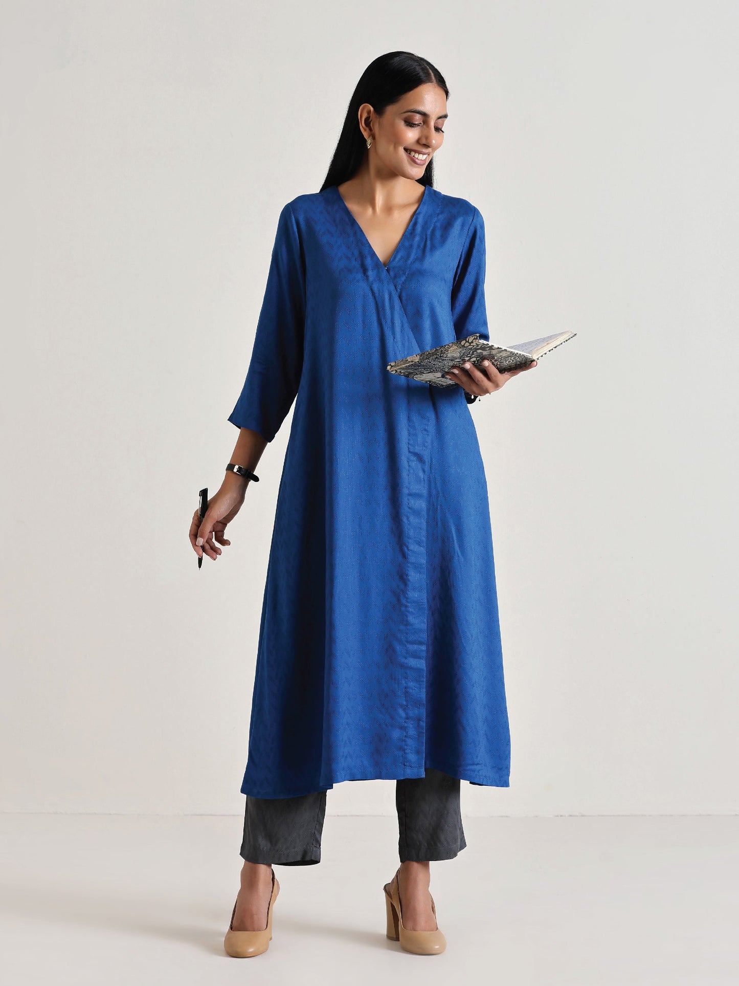 trueBrowns Ink Blue Angrakha Kurta Set | Swadesiicart
