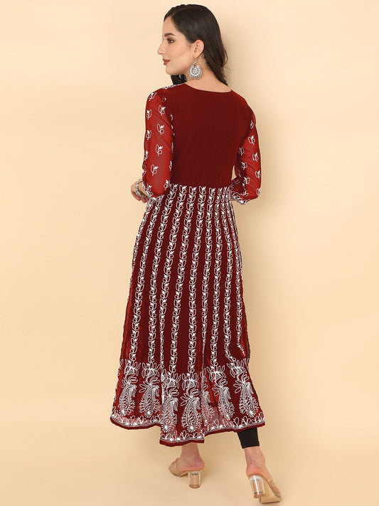 HERE&NOW Scoop Neck Chikankari Embroidered Thread Work Georgette Anarkali Kurta | Swadesiicart