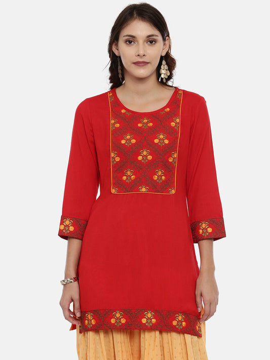 Souchii Women Red & Yellow Floral Yoke Design Kurta - SOUCHII
