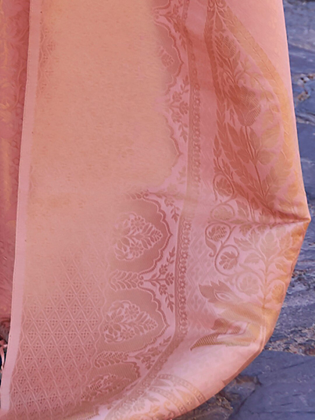 Mitera Peach-Coloured & Gold-Toned Ethnic Motifs Zari Silk Blend Banarasi Saree | Swadesiicart