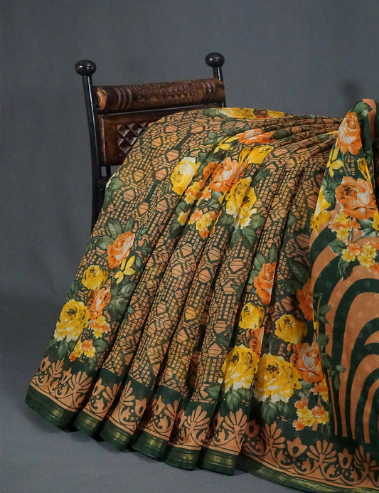 Shades Of Dark Leaf Green Floral Design Semi Chanderi Saree By Gayathri Reddy Designer Studio | Swadesiicart