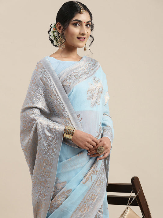 Saree Mall Turquoise Blue Floral Linen Blend Banarasi Saree | Swadesiicart