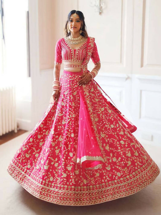 Jyoti Fashion Gajri Red Zari and Sequins Embroidered Malai Satin Silk Lehenga Choli with Dupatta | Swadesiicart