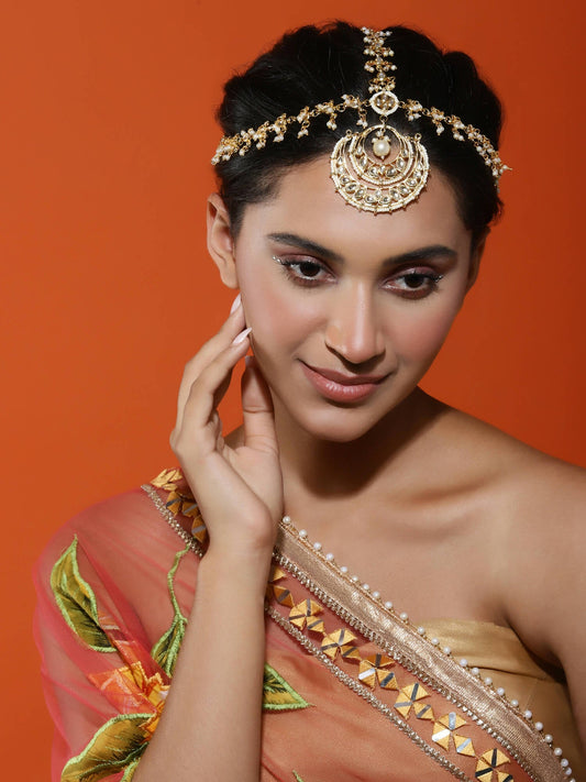 Women's Gold-Polished Kundan Mathapatti Head Jewellery - Ruby Raang | Swadesiicart