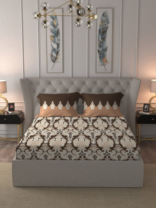 MYTRIDENT Brown White Ethnic Motifs Cotton 144 TC Queen Bedsheet With 2 Pillow Covers - Swadesiicart
