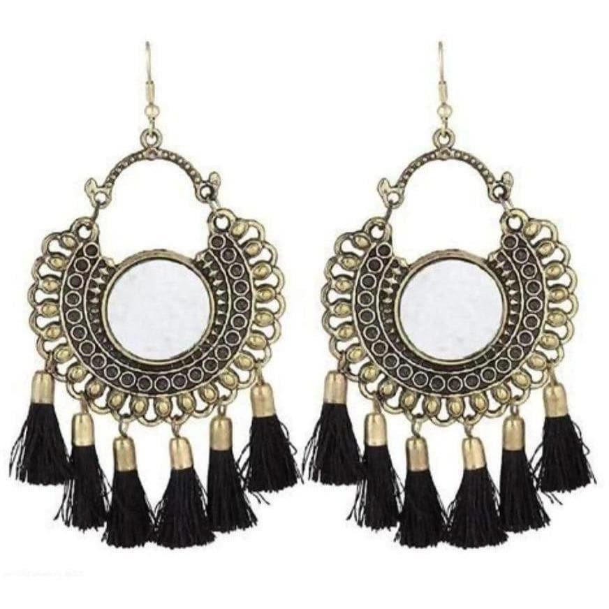 MS Fashion India German Silver Mirror Style Black Color Threads Chandbali Earrings | Swadesiicart