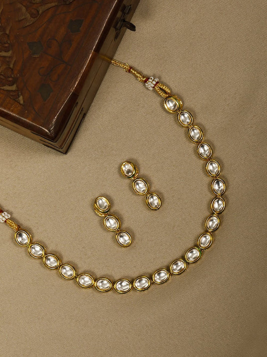 Gold-Polished Alloy Single Line Kundan Necklace Set - The Pari - The Pari - Dinesh Associates