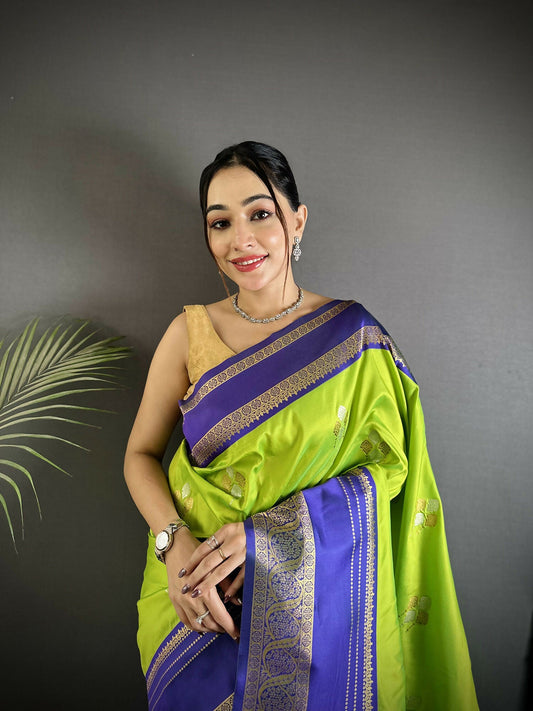 Joban Fashion Light Green Banarasi Soft Silk Woven Saree | Swadesiicart