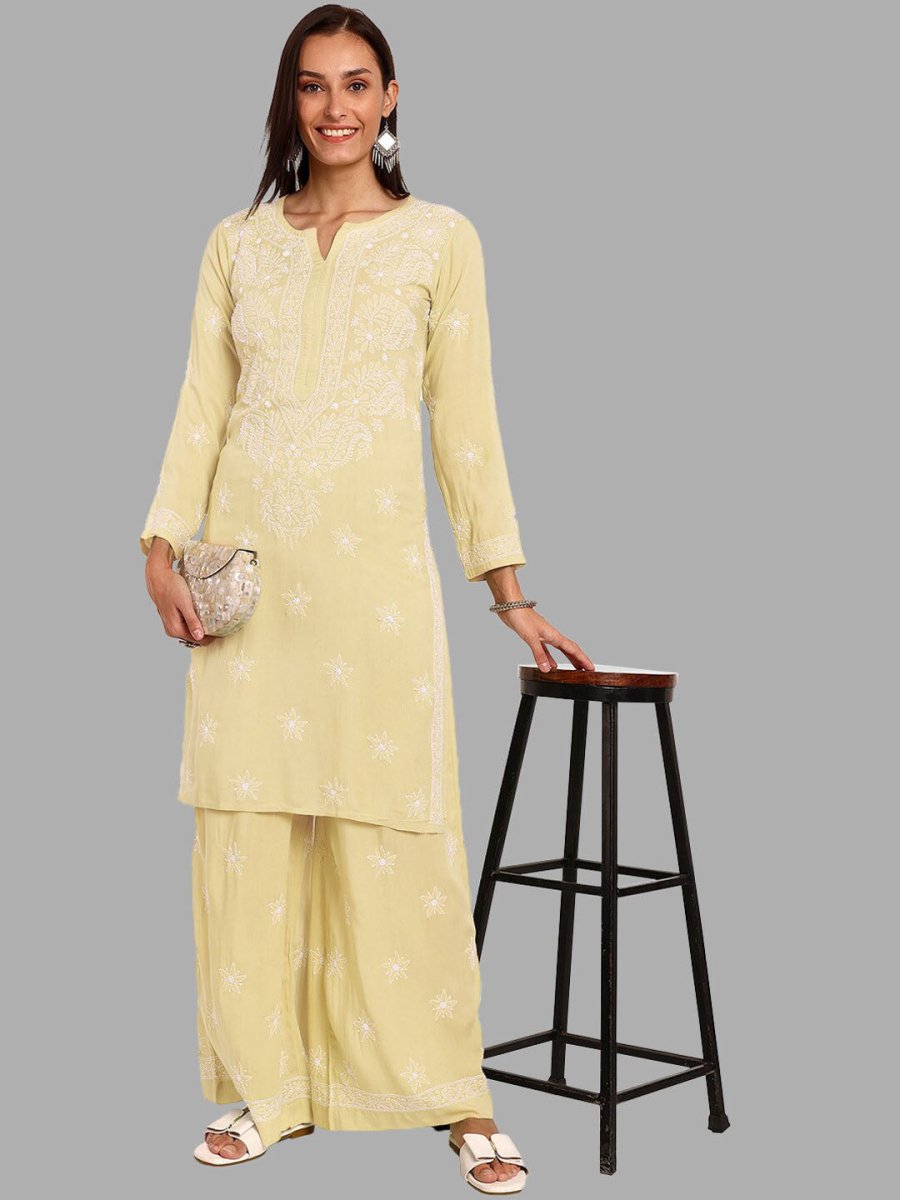 ADA Ethnic Motifs Embroidered Chikankari Straight Kurta with Palazzos | Swadesiicart