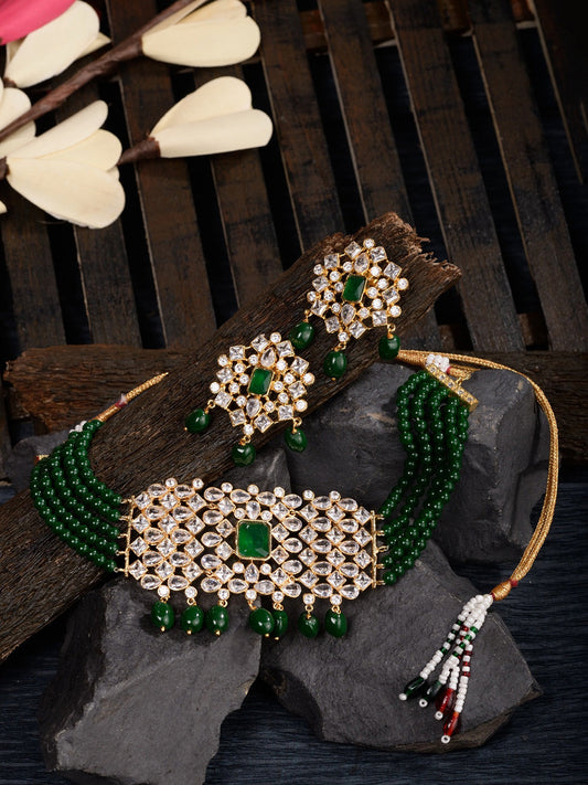 Saraf RS Jewellery Gold-Polished White & Green American Diamond Studded Choker Jewellery Set | Swadesiicart